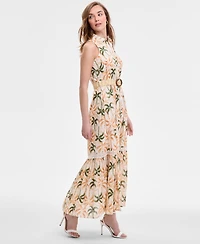 Taylor Women's Printed Taffeta-Belt Sleeveless Dress