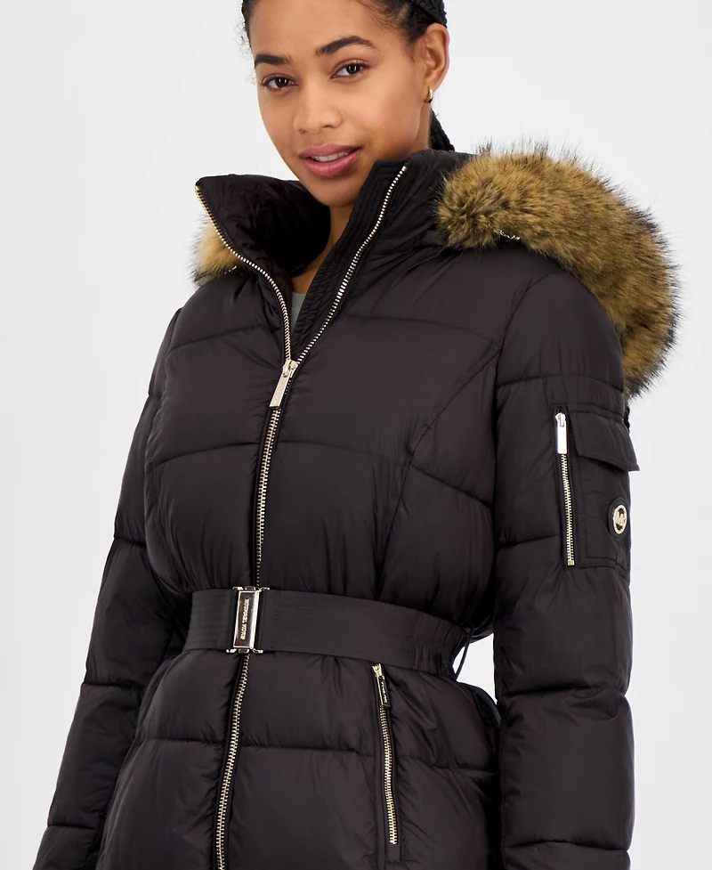 Michael Kors Women's Belted Hooded Faux-Fur-Trim Puffer Coat, Exclusively at Macy's