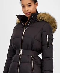Michael Kors Women's Belted Hooded Faux-Fur-Trim Puffer Coat, Exclusively at Macy's