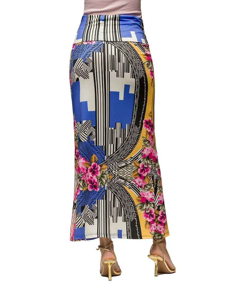 24seven Comfort Apparel Women's Multicolor Floral Print Fold Over Waist Maxi Skirt