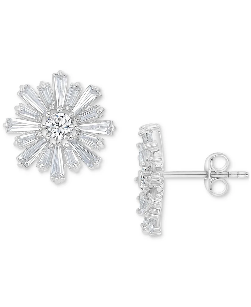 Cubic Zirconia Round & Baguette Flower Stud Earrings in Sterling Silver