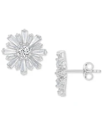 Cubic Zirconia Round & Baguette Flower Stud Earrings in Sterling Silver