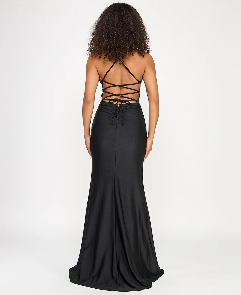 Katia Rae Juniors' Sleeveless Lace-Up-Back Gown