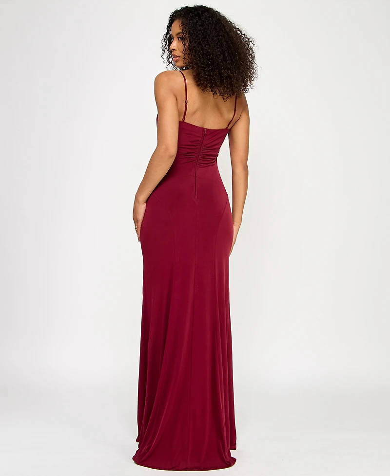 Emerald Sundae Juniors' Cowlneck Ruched Gown