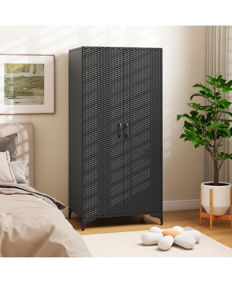 Pe Rattan Wicker Wardrobe with 2 Doors and Hanging Rod – Elegant Storage Cabinet for Bedroom or Closet