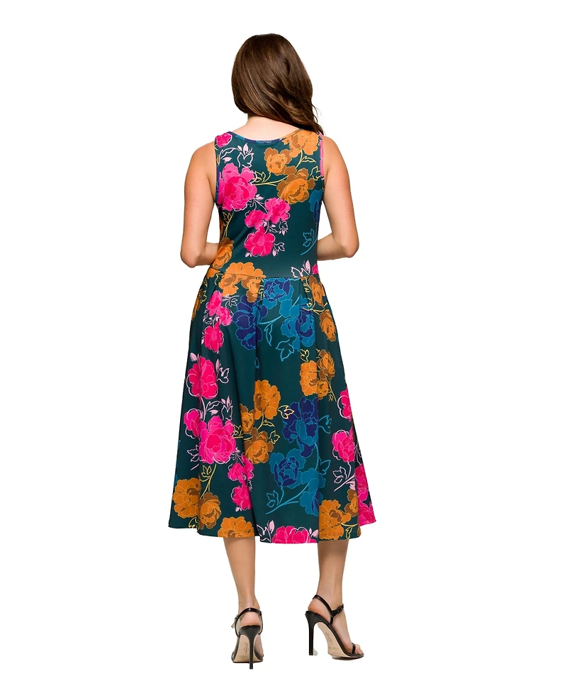 24seven Comfort Apparel Women's Midi Length Blue Floral Print Sleeveless Pleated Pocket Dress