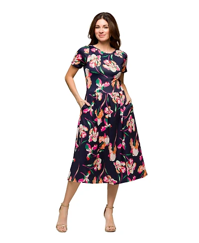 24seven Comfort Apparel Women's Navy Floral Short Sleeve Pleated Flare Midi Pocket Dress
