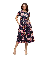 24seven Comfort Apparel Women's Navy Floral Short Sleeve Pleated Flare Midi Pocket Dress
