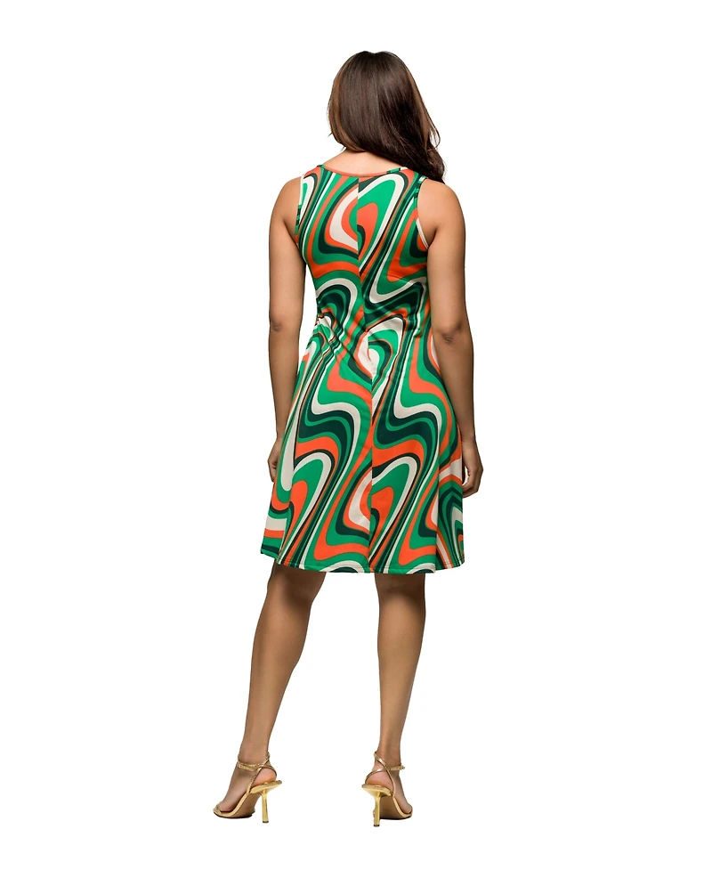 24seven Comfort Apparel Women's Green Print Sleeveless Knee Length Tank Swing Dress