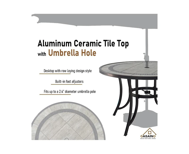 Casainc 48 inch Aluminum Ceramic Tile Top Round Dining Table with Umbrella Hole
