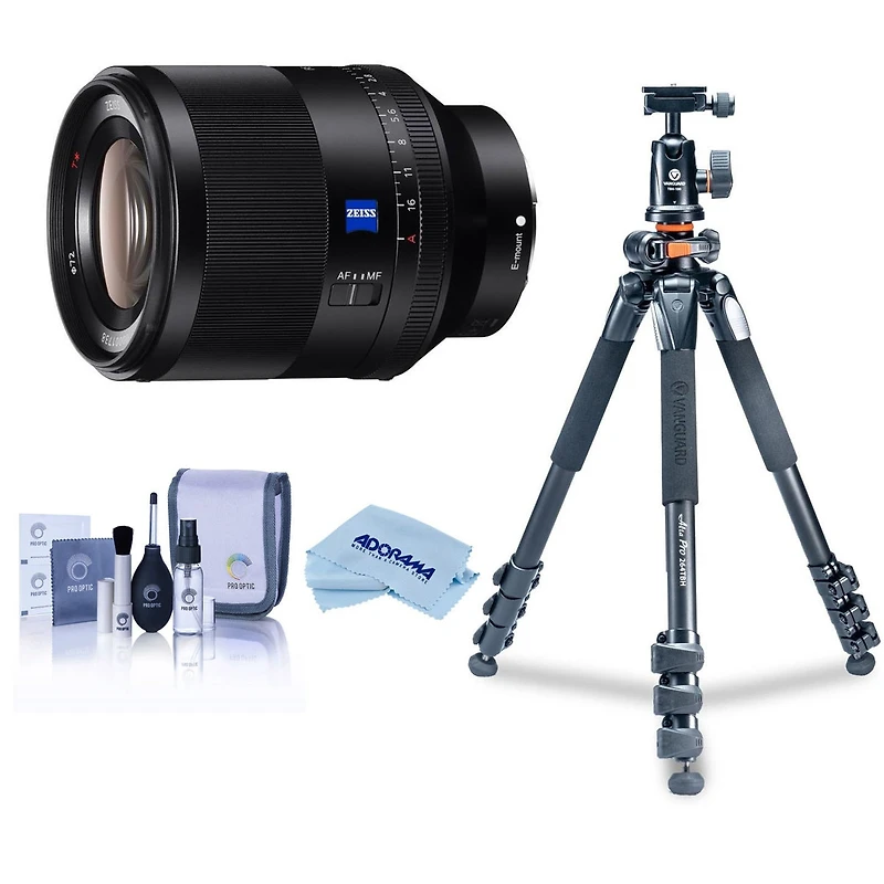 Sony Planar T Fe 50mm f/1.4 Za Lens, Bundle with Takama 3-Section Aluminum Video Tripod with Fluid Head, Cleaning Kit, Cleaning Cloth
