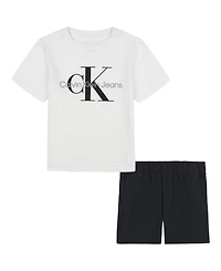 Calvin Klein Toddler and Little Boys 2-Piece Classic Logo T-Shirt Tech Woven Shorts Set