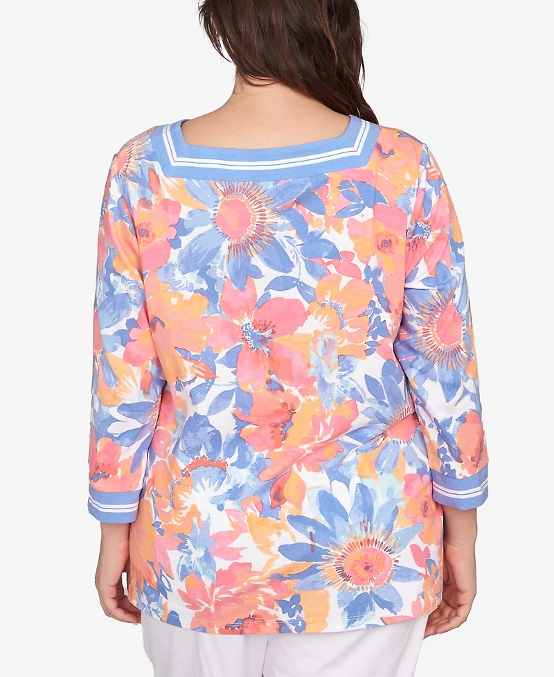 Ruby Rd. Plus Floral Striped Trim Top