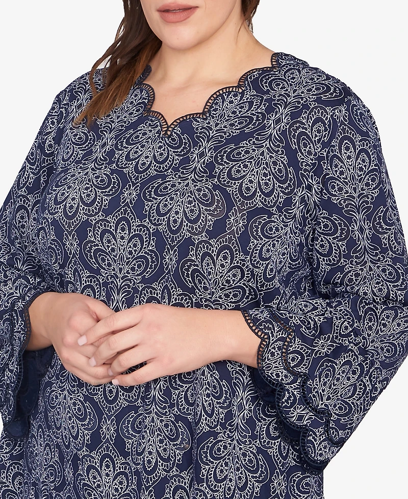 Ruby Rd. Plus Size Print Solid Burnout Top