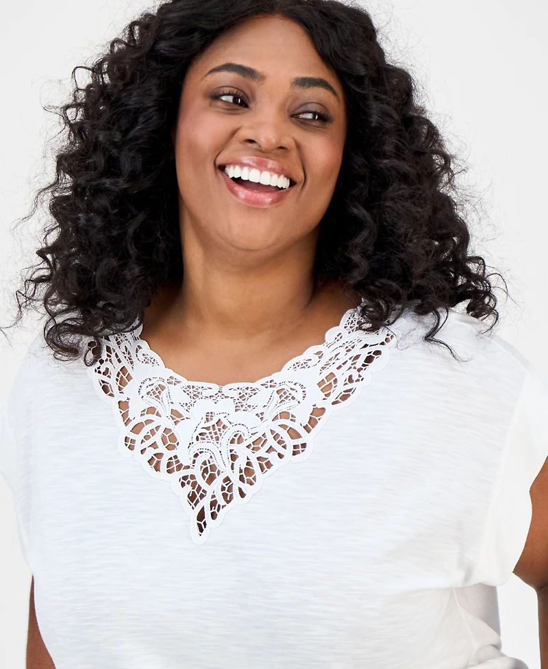 Jones New York Plus Lace-Trim Dolman-Sleeve Top