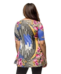 24seven Comfort Apparel Women's Multicolor Floral Print Elbow Sleeve V-Neck Henley Tunic Top