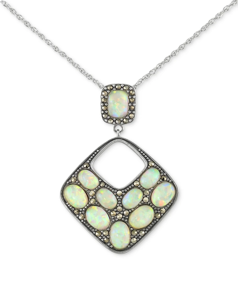 Mother of Pearl & Marcasite Square 18" Pendant Necklace in Sterling Silver