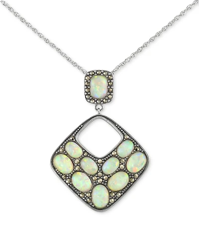 Mother of Pearl & Marcasite Square 18" Pendant Necklace in Sterling Silver