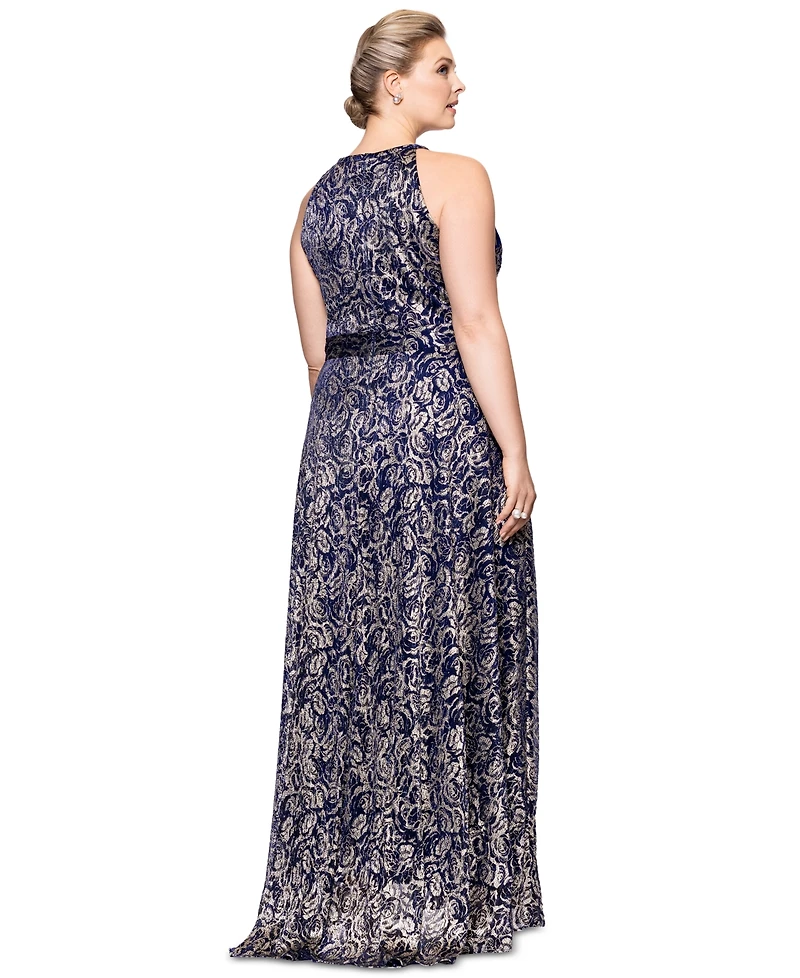 Betsy & Adam Plus Metallic Floral Print Sleeveless Gown