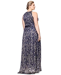 Betsy & Adam Plus Metallic Floral Print Sleeveless Gown