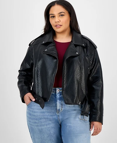 Jou Trendy Plus Faux-Leather Belted Jacket