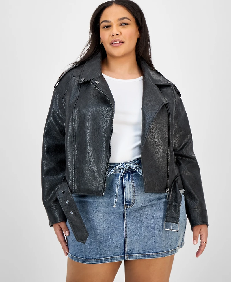 Jou Jou Trendy Plus Size Faux-Leather Belted Jacket