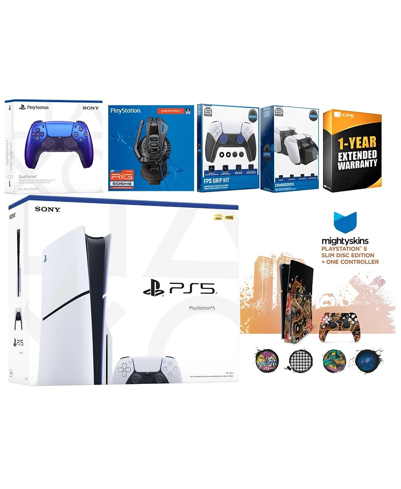 Sony Playstation 5 Slim Disc with Extra Cobalt Blue Controller, Plantronics Headset, Fps Grip Kit, Charge Dock and MightySkins Decal Voucher + 1 Year