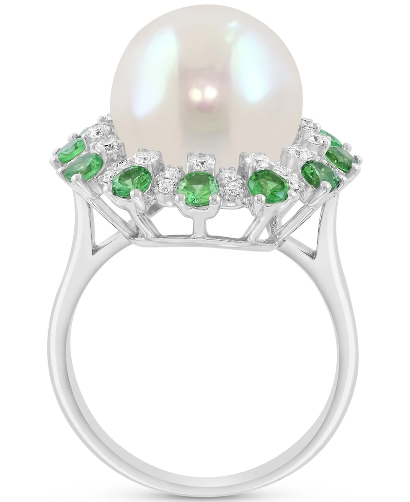Effy Cultured Freshwater Pearl (11mm), Green & White Diamond (1-1/5 ct. t.w.) Statement Ring in 14k White Gold