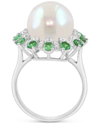 Effy Cultured Freshwater Pearl (11mm), Green & White Diamond (1-1/5 ct. t.w.) Statement Ring in 14k White Gold
