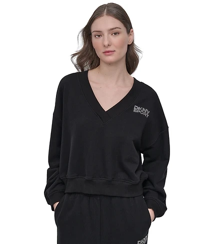 Dkny Sport Women's Rhinestone-Logo V-Neck Pullover Top