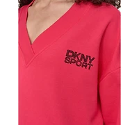 Dkny Sport Women's Rhinestone-Logo V-Neck Pullover Top