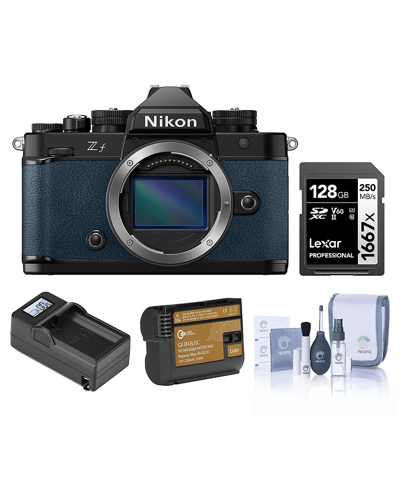 Nikon Z f Mirrorless Camera, Blue, Bundle with 128GB Memory Card, En-EL15c Battery, Smart Charger Plate, Charger Base, Cleaning Kit