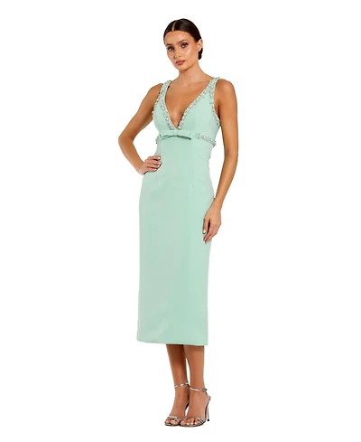Mac Duggal Women's Crepe Fitted Midi Dress With Bow And Beaded Trim