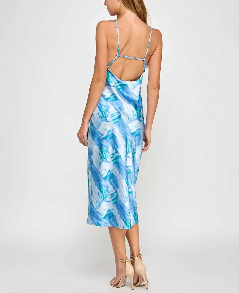 pear culture Juniors' Printed Satin High-Neck Sleeveless Midi Dress