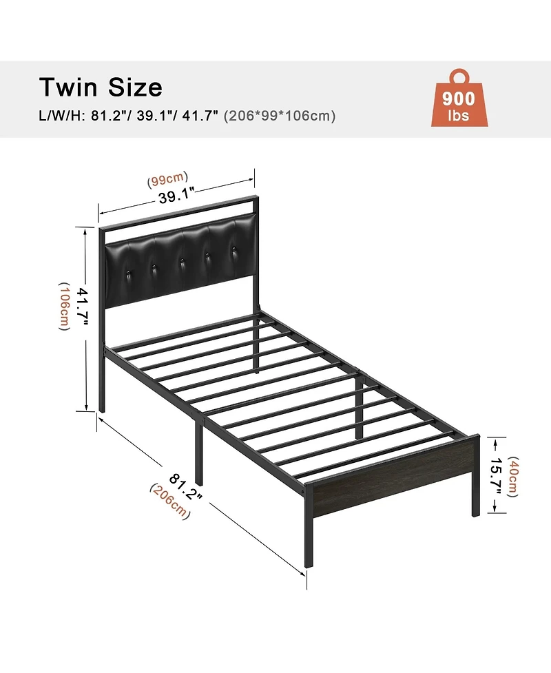 Hausource Twin Size Upholstered Bed Frame with Pu Leather Headboard