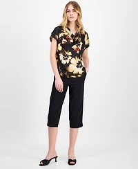 Anne Klein Women's Floral-Print Cowlneck Short-Sleeve Blouse, Created for Macy's