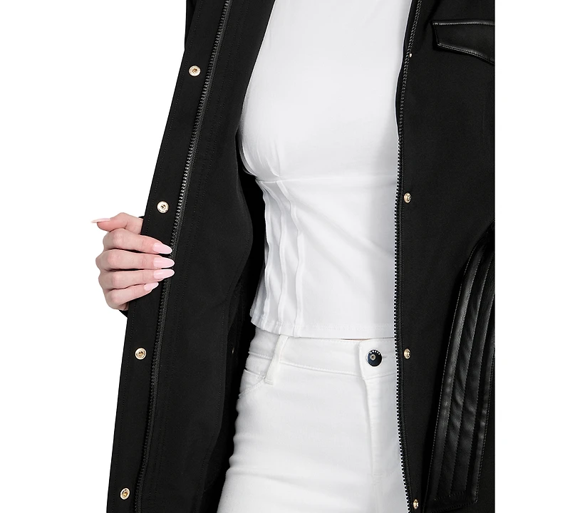 Guess Women's Faux-Leather-Trim Belted Trench Coat