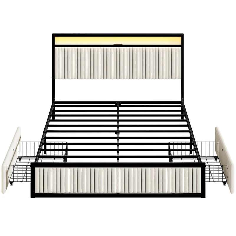 Hausource Queen Size Velvet Upholstered Bed Frame with Led Headboard, 2 Drawers, Charging Station