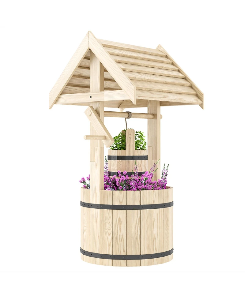 Outsunny Wishing Well Planter with Bucket, Wooden Wishing Well, Natural