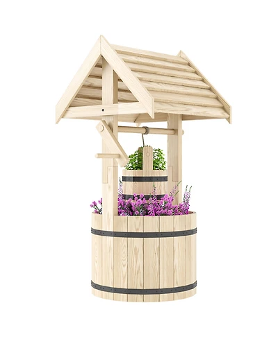 Outsunny Wishing Well Planter with Bucket, Wooden Wishing Well, Natural