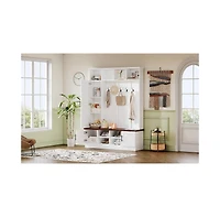 3-in-1 Hall Tree and Bench with 6 Hooks and Shelves