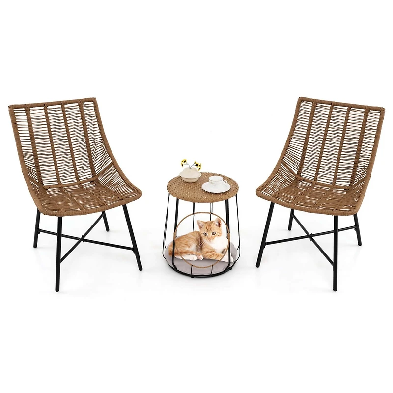 3 Pcs Outdoor Furniture Set with Pet House & Heavy Duty Metal Frame