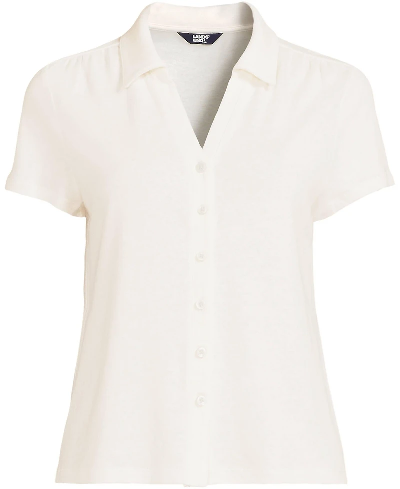 Lands' End Women's Linen Blend Short Sleeve Button Front Polo Top