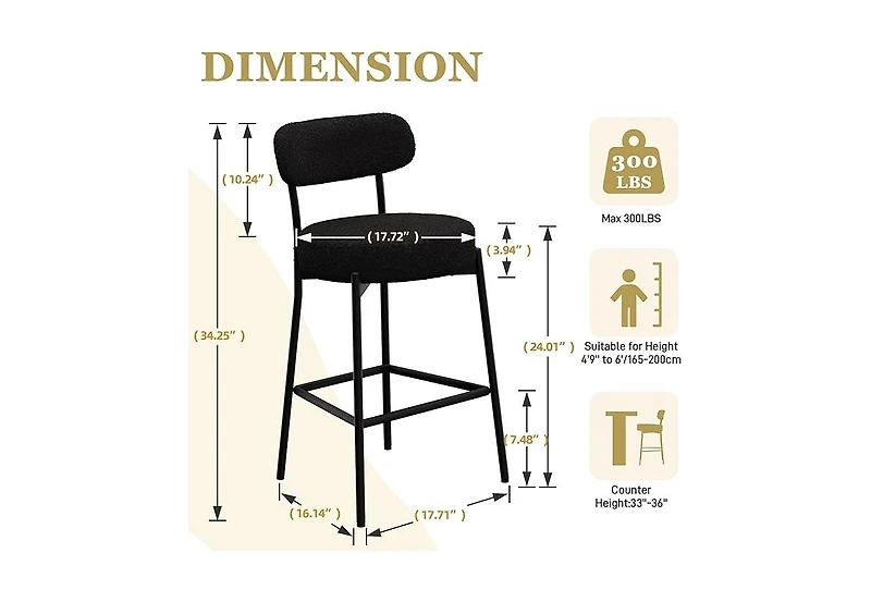 Dyhome Bar Stools Set of 4, 24 Inches Modern Counter Height with Curved Back Metal Legs, Upholstered Boucle Barstools for Kitchen Island, C
