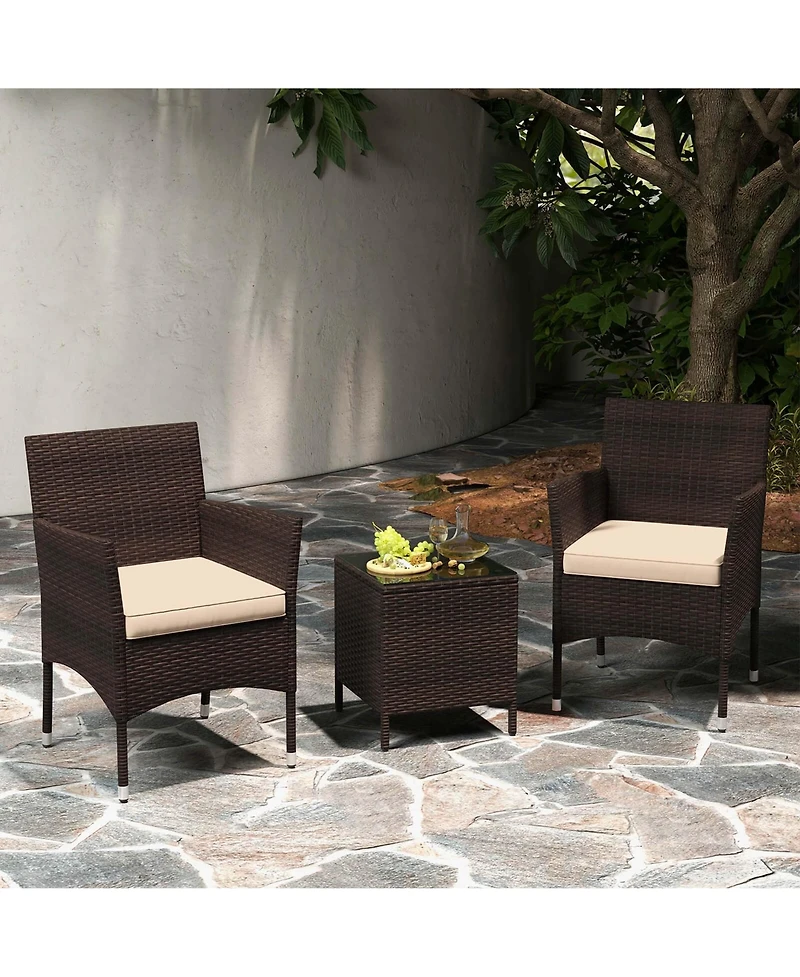 3 Pcs Outdoor Conversation Set with Cushioned Seat & Tempered Glass Tabletop