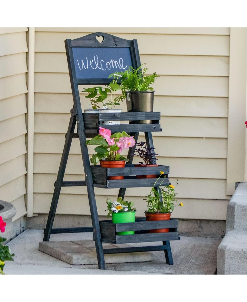 Country Heart Ladder Plant Stand with Chalkboard - 41” H - Black