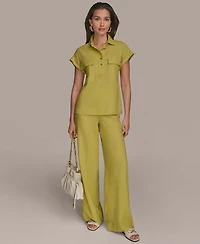 Donna Karan New York Women's Short Sleeve Linen-Blend Collared Shirt