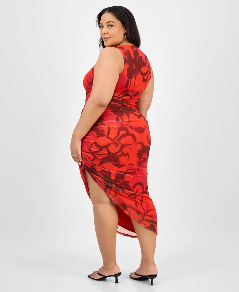 Bar Iii Trendy Plus Printed Shirred Midi Dress, Exclusively at Macy's