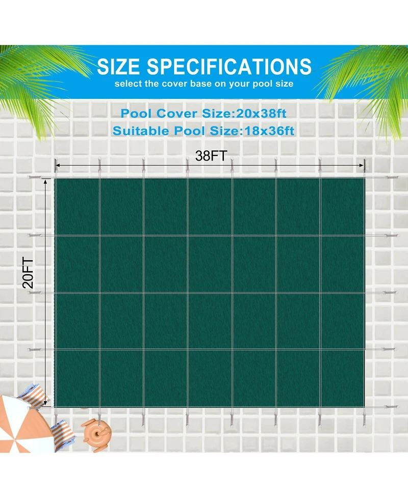 Inground Safety Pool Cover, 18x36ft, Solid, Triple Stitched, Hardware Included