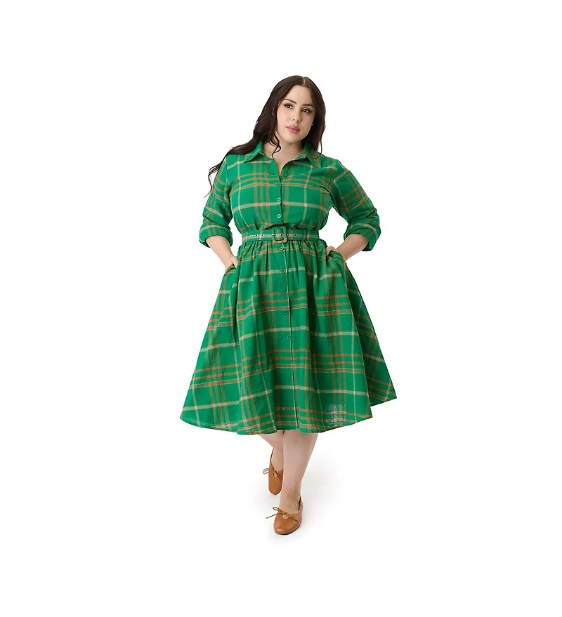 Unique Vintage Plus Long Sleeve Belted Shirt Dress